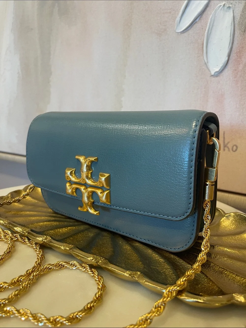 Tory Burch Teal Eleanor Leather Crossbody with Gold Logo Chain